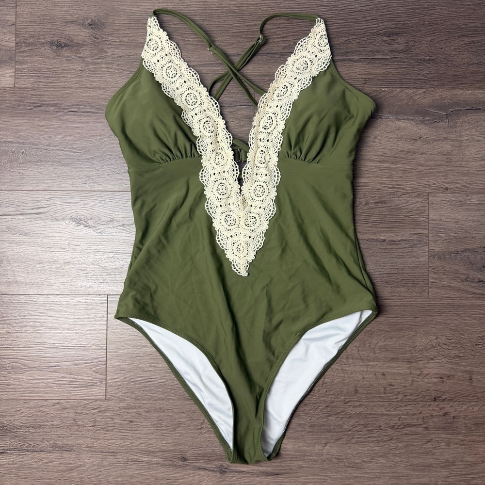 Cupshe Olive One-Piece Swimsuit with Cream Lace V-Neck